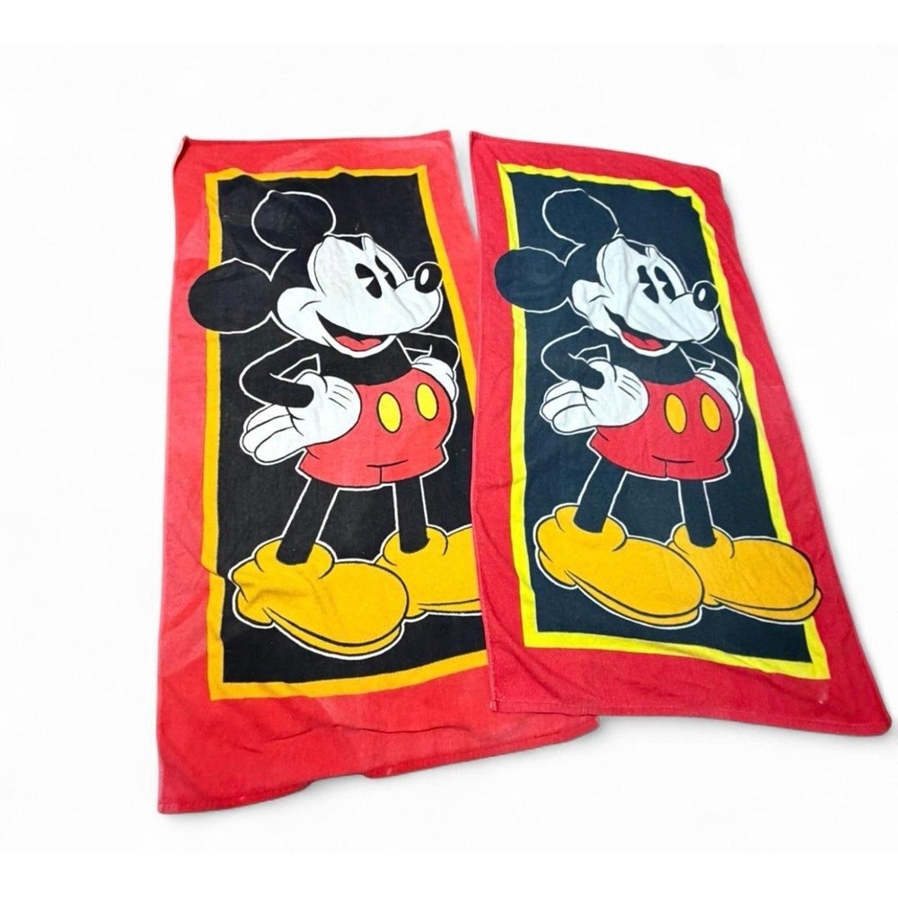 Vintage Mickey Mouse Beach Towel Lot of 2 Franco Disney Red Black Yellow Cotton